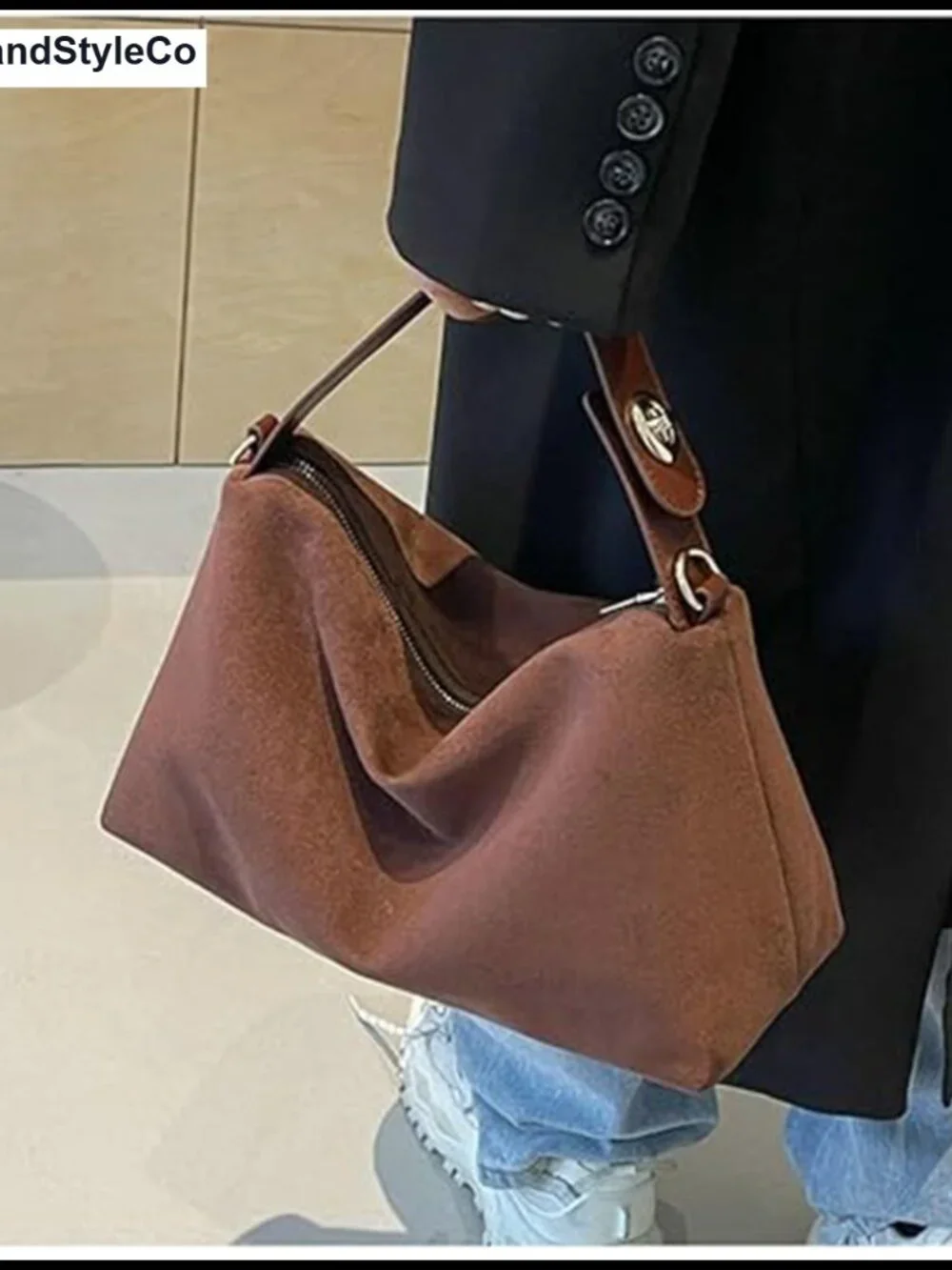 Faux Suede Hobo Tote with Adjustable Strap - Women's Handbag